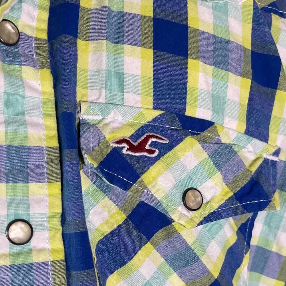 Hollister Blue and Green Plaid western Style Casual Button Down Shirt